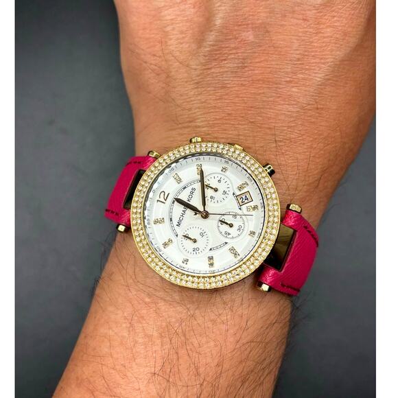 Michael Kors Parker MK2297 Crystal Chronograph Pink Leather Watch NWT main image 11